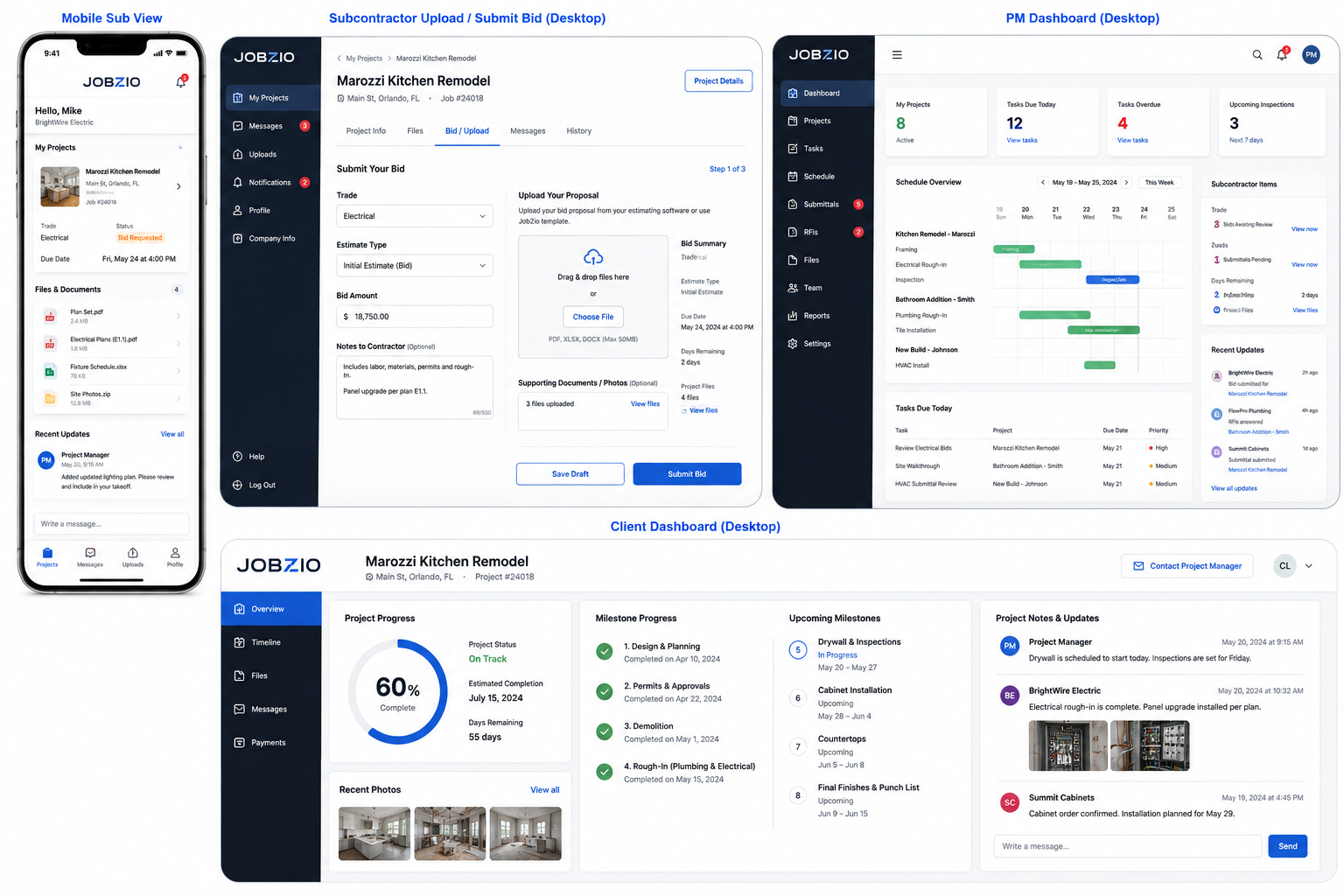 JobZio role-specific UI mockups